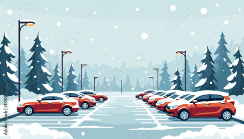 Snow covered red cars lined in forest parking under snowfall, parking lot under snow