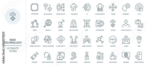 Technology of future thin line icons set vector illustration. Outline modern innovations for smart home digitization, AI and neural network, robots and drones, security service for digital data
