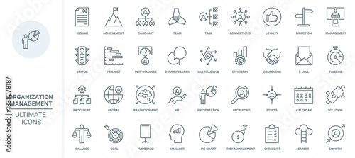 Business management, human resource organization thin line icons set vector illustration. Outline direction and efficiency of multitasking communication, recruiting and resume search, achievement