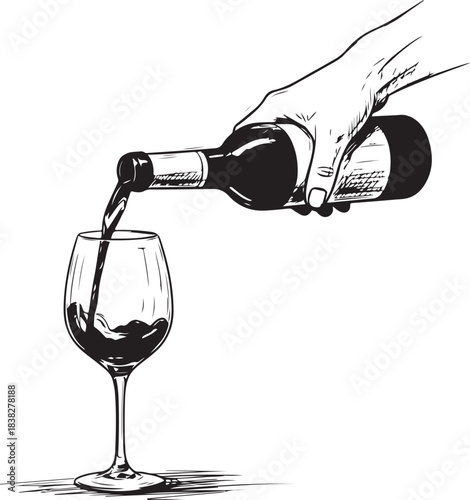 Illustration of hand pouring wine into a glass in black and white sketch style. Vector illustration