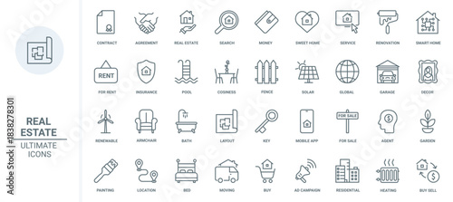 Real estate thin line icons set vector illustration. Outline houses purchase, mortgage agreement and insurance shield, advertising and search of family villa and home apartments for rent and sales