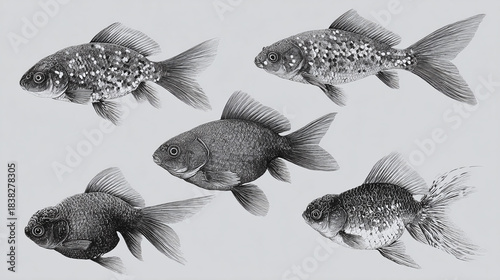 Monochrome image of five goldfish displaying unique patterns. The image is captured in a minimalist style, emphasizing the aquatic life