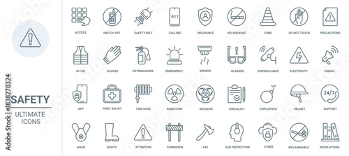 Life safety, insurance thin line icons set vector illustration. Outline warning attention signs about risk of accident, first aid kit and emergency, extinguisher for home fire, surveillance support