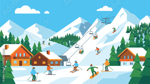 Vector illustration of a lively ski resort in snowy mountains with skiers