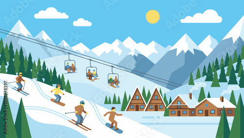 Vibrant illustration of a ski resort with winter sports and alpine chalets
