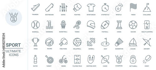 Sport thin line icons set vector illustration. Outline sportswear and equipment for training boxing and skiing, trophy in challenge competition of tennis and basketball, soccer and volleyball
