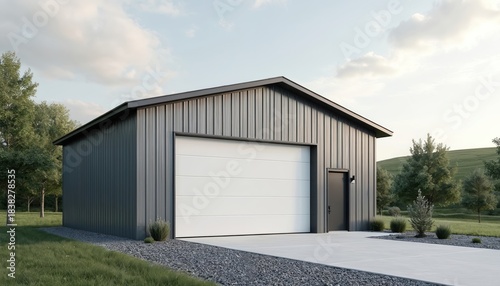 Wallpaper Mural Modern metal building with large garage door sits in serene outdoor setting with gravel landscaping, trees. Functional structure offers ample storage space, clean lines for contemporary aesthetic. Torontodigital.ca