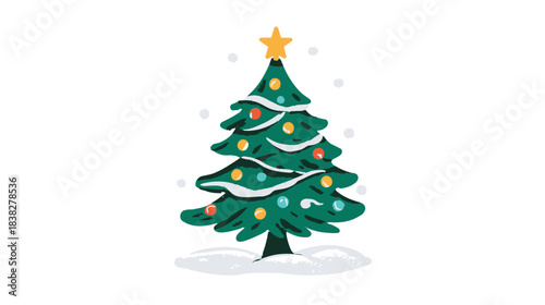 Festive Holiday Christmas Tree Illustration with Star Topper, Colorful Ornaments, and Snow. Winter Celebration Icon