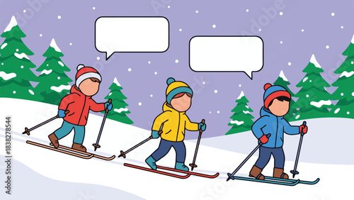 Cartoon illustration of kids skiing downhill in a snowy winter forest