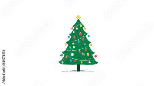Festive Decorated Christmas Tree Illustration with Colorful Ornaments, Lights, and Gold Star, Isolated on White Background