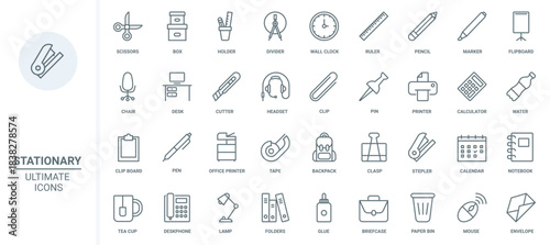 Office and school supplies, stationary and equipment thin line icons set vector illustration. Abstract outline marker and pencil in holder and box, paper document on flipboard or clipboard, scissors
