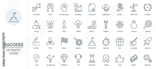 Success thin line icons set vector illustration. Outline premium cup award and medal trophy for best puzzle solution of winner, business chart growth and money bag, strategy and party celebration