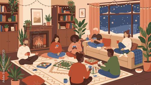 Diverse group of friends playing board and card games in a cozy winter living room
