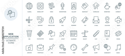 Mobile apps thin line icons set vector illustration. Outline microphone and calculator, video and music gallery web application in phone, email and location info search, global support service