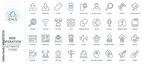 Web communication thin line icons set vector illustration. Outline online upload, download and update data and geo location in mobile apps, cyber security of wireless network, virtual reality games