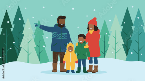 Happy family of four walking together in a snowy winter forest