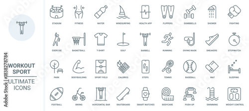 Sports workout thin line icons set vector illustration. Outline calculator of calories and fitness exercises for weight control, running and bodybuilding of athlete in gym and stadium, diving