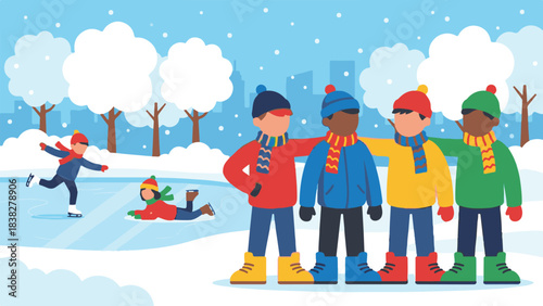 Diverse children ice skating and playing in a snowy winter landscape