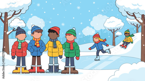 Children playing in a snowy winter park, engaging in various outdoor activities