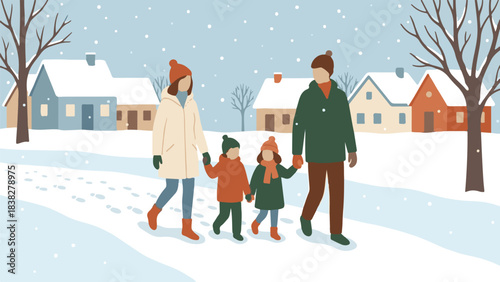 Happy family walking together in snowy winter village landscape illustration