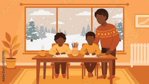 Adult assisting two children with drawing at a table indoors during winter