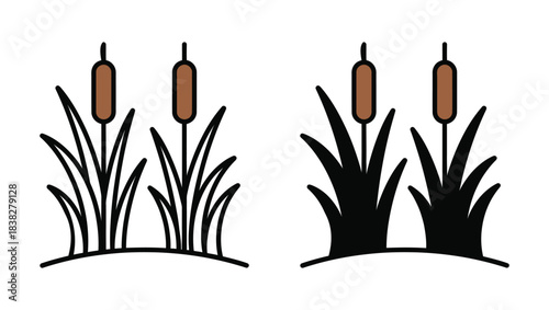Cattail plant icons in flat and outline styles, brown bulrush reed vector set with green grass leaves, marsh vegetation symbols for nature landscape design, swamp flora eps graphic elements.