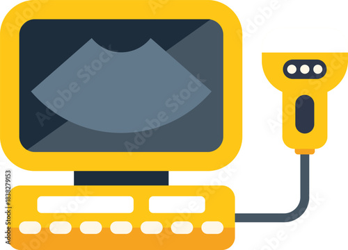 Ultrasound machine displaying results on a screen with a connected transducer probe