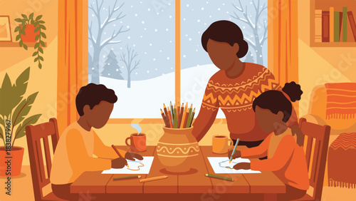 Family bonding indoors during winter, mother watching children draw and color