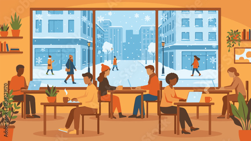Cafe interior with people working on laptops, overlooking a winter city street