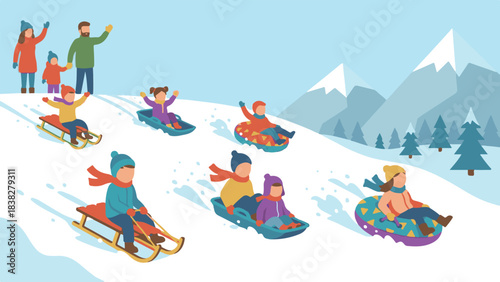 Happy family and friends enjoying winter activities: sledding and tubing on a snowy hill