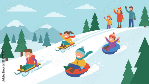 Cartoon illustration of a family enjoying winter activities like sledding and tubing.