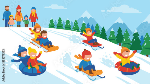 Happy families and children enjoying winter sports in snowy landscape