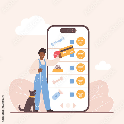 Person shopping for pet supplies online using a smartphone, holding a credit card, with a dog beside, modern digital pet shop concept vector illustration