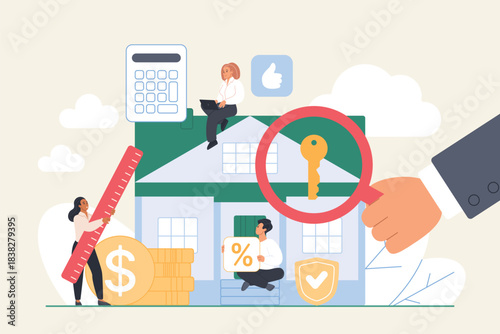 Real estate appraisal process with house, key, calculator, money, and people analyzing investment, sale, and mortgage value for property market vector illustration