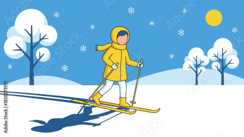 Person cross-country skiing in snowy winter landscape with trees and sun