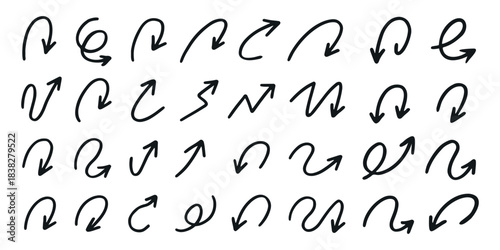 Collection of quirky spiral, curved, and twisted hand drawn arrows in various directions, ideal for creative design, infographic, or web elements, isolated on white background vector illustration