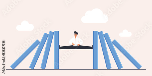 Businessman prevents falling domino effect, symbolizing proactive crisis management, risk control, and problem solving in business situations, isolated on white background vector illustration
