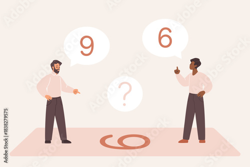 Two people view the same number differently, one seeing six and the other nine, highlighting perspective and interpretation differences in communication, vector illustration