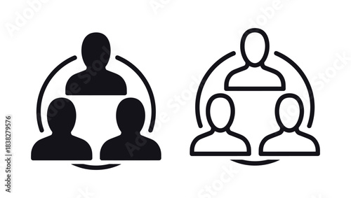 Team connection icons set, 2 people group symbols, minimal line and solid
