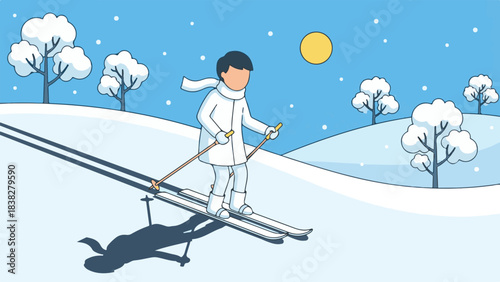 Flat design illustration of a person skiing in a snowy landscape
