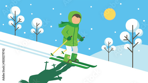 Flat illustration of a person skiing down a snowy hill on a sunny winter day