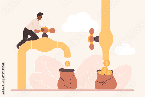 Man operating large faucets releasing gold coins into money bags, representing passive income and multiple wealth streams, financial growth, and investment opportunities vector illustration