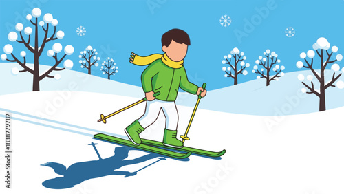 Child skiing in a snowy winter landscape with trees and snowflakes