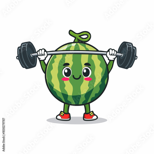 Cute cartoon watermelon character joyfully lifting a heavy barbell, symbolizing health, fitness, and strength in a bold 2D illustration