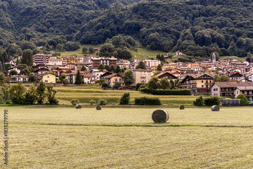 Rural alpine landscape in Pasturo, Valsassina, Italy. Idyllic view of the valley with agricultural fields and hay bales, framed by the lush mountains