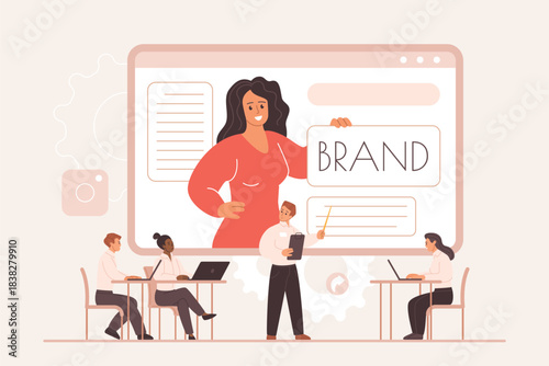 Business team attending online webinar about personal brand presence, digital marketing, and professional growth, featuring diverse people and modern workspace vector illustration