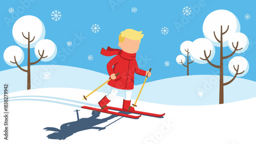 Flat design illustration of a person skiing in a snowy winter landscape