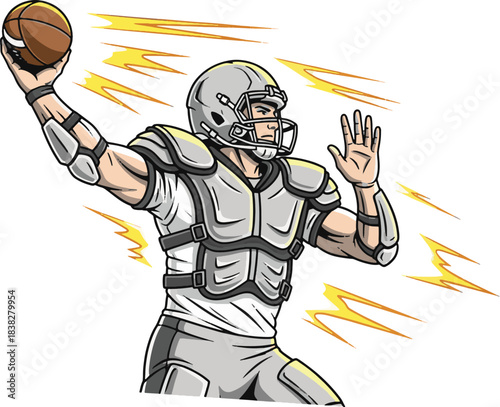 Dynamic American Football Player Throwing Ball Cartoon Illustration
