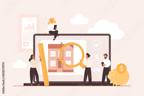 Team evaluating real estate value and investment opportunities using digital tools, financial data, and property analysis for informed decision making vector illustration