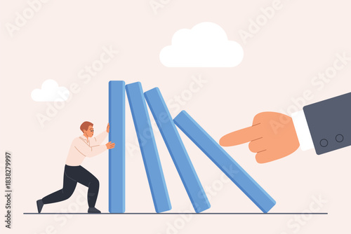 Businessman prevents falling dominoes triggered by a large hand, symbolizing proactive crisis management, risk prevention, and leadership in challenging situations vector illustration